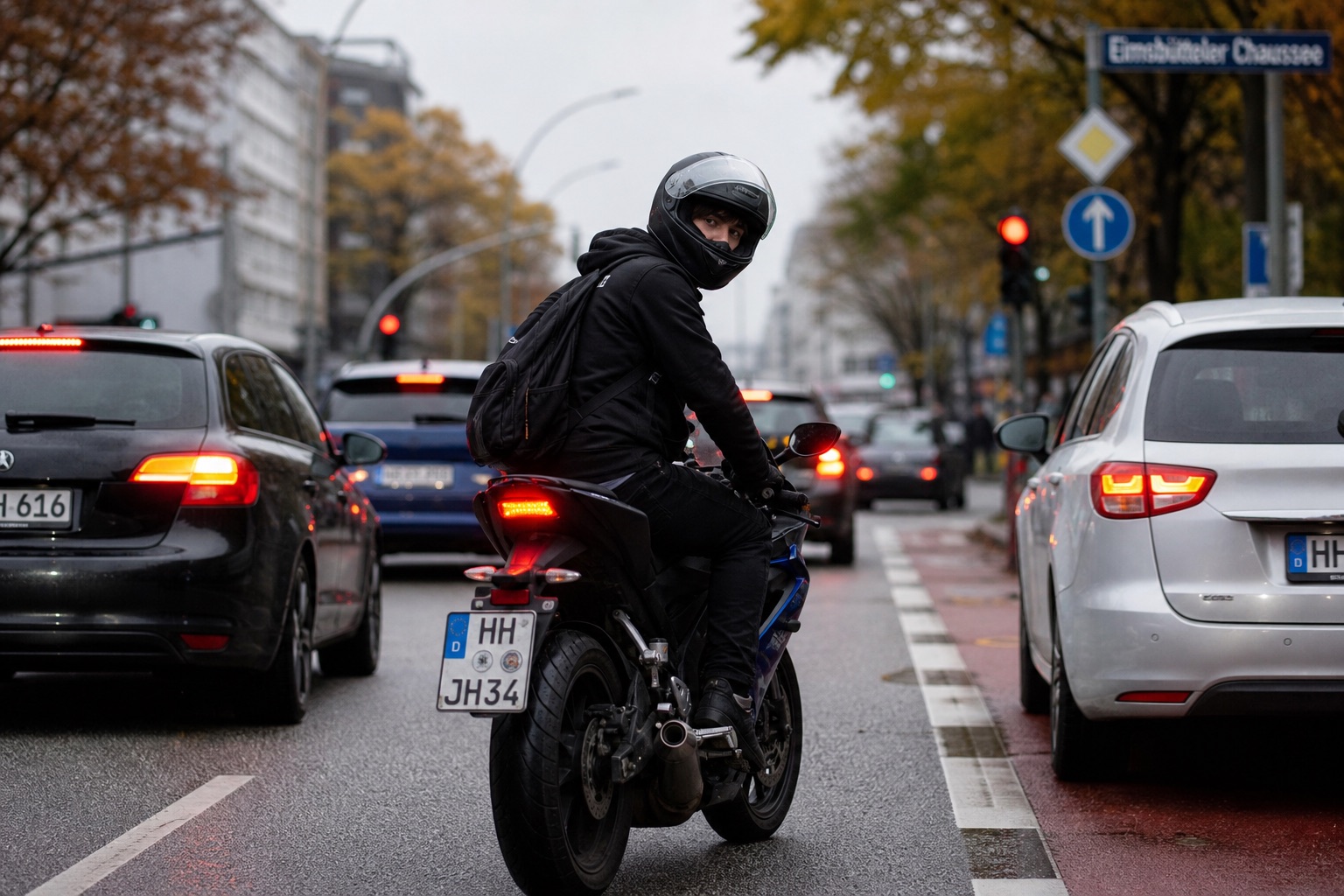 Junger Motorradfahrer mit Helm und voller Schutzausrüstung auf einer 125er-Sportmaschine im Stadtverkehr an einem Herbstmorgen