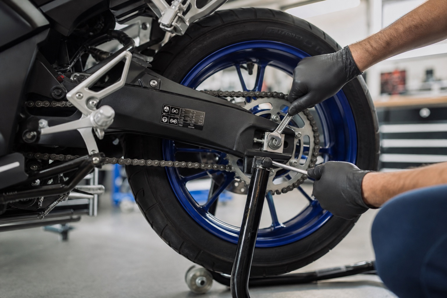 Mechanikerhände mit Werkzeug stellen die Kette einer 125er-Sportmaschine auf dem Hauptständer ein