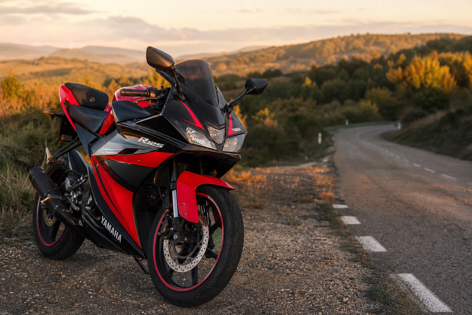 Rote und schwarze Sportmaschine vom Typ YZF-R125 im Dreiviertel-Vorderansicht am Straßenrand einer hügeligen Landschaft